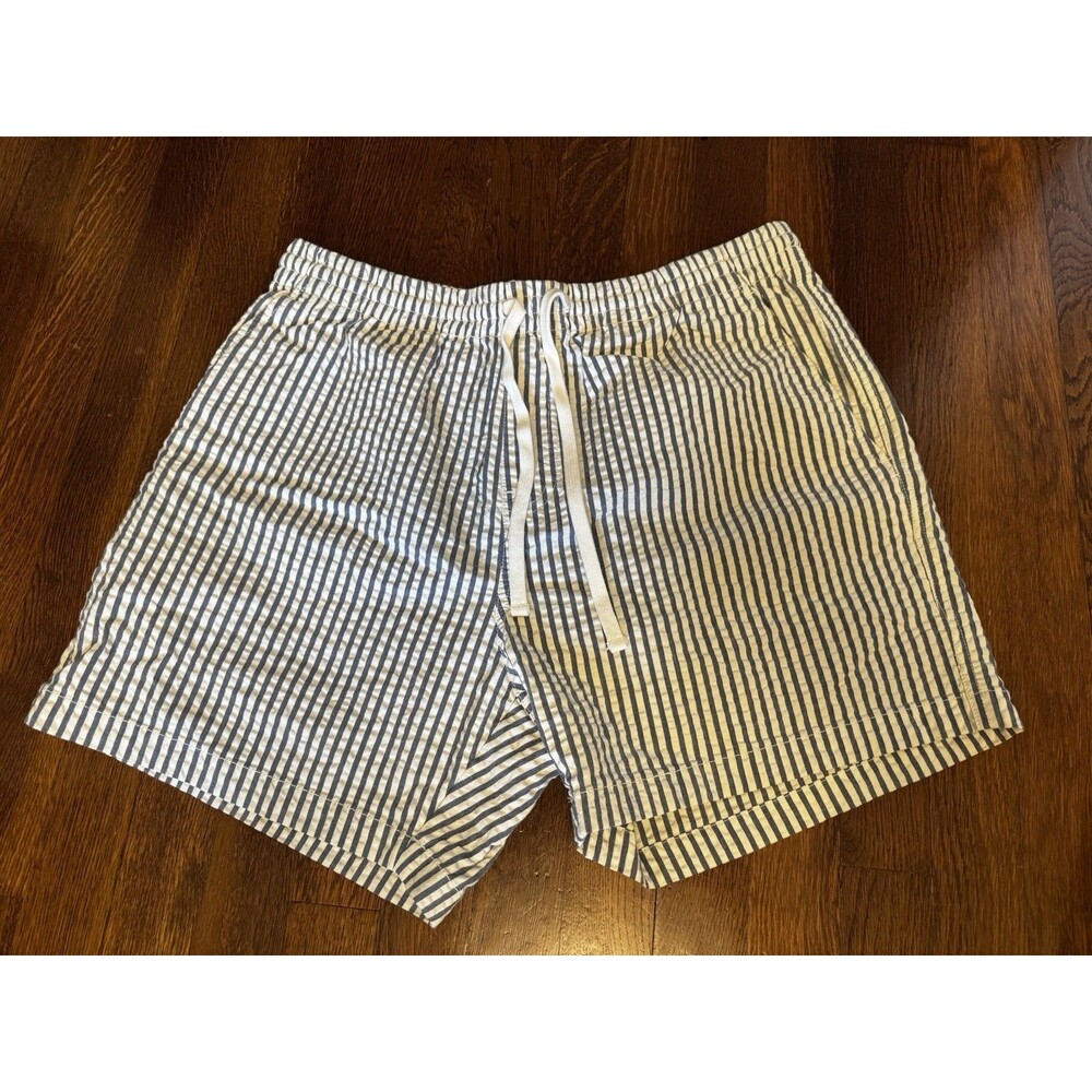 Todd Snyder Seersucker Stripe Shorts Mens XL Blue White Elastic Waist Stretch 5”
